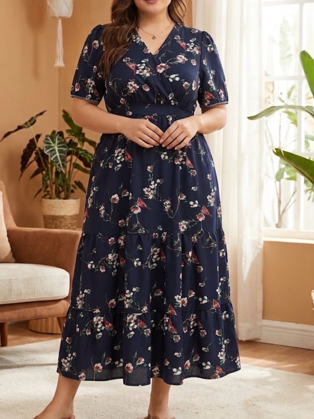 Plus Floral Wrap Maxi Dress in Navy